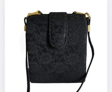 Magid Vintage Small Black Damask Floral Lace Cloth Evening Bag Purse Crossbody 