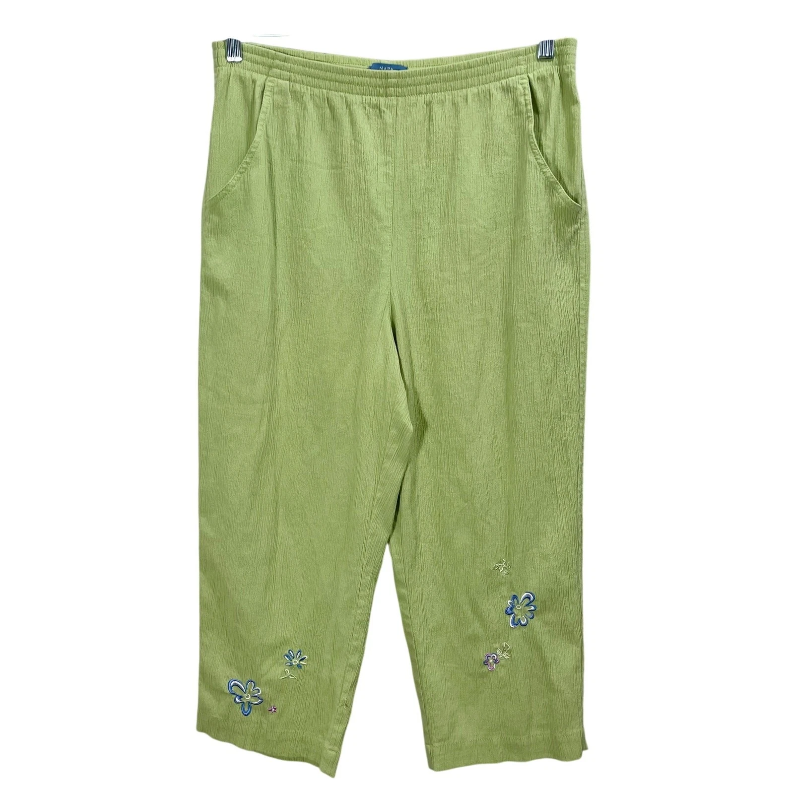 Vintage 90s Nappa Valley Green Capri Pant Embroidered Elastic Waist Size 8