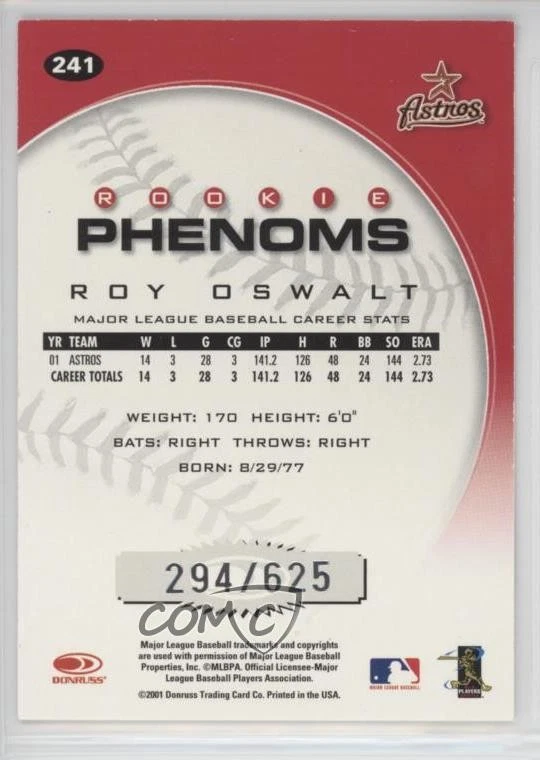 2001 Donruss Class Of 2001 Rookie Phenoms /625 Roy Oswalt #241 - Image 2 of 2