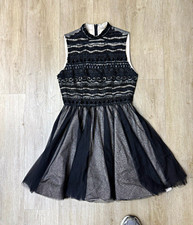 Alice + Olivia Black Beaded Tulle High Neck Fit & Flare Mini Dress Sz 8