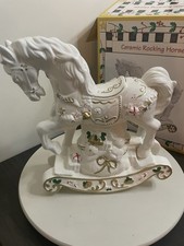 Vintage Ceramic Rocking Horse   White w/ Gold Accents