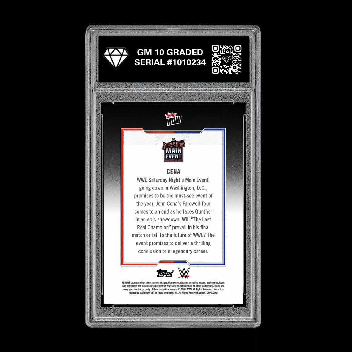 Graded 10 John Cena 2025 WWE Topps Now The Last Real Champion Card Graded 10 John Cena 2025 WWE Topps Now The Last Real Champion Card