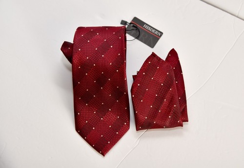 Hisdern Luxury Tie + Handkerchief Burgundy w/White dots w 3 1/2" L 58 1/2 NWT - Picture 4 of 7