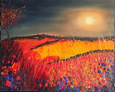 Sonnenuntergang, Blumen, Baum, Landschaft, Original zeitgenössisches Gemälde  