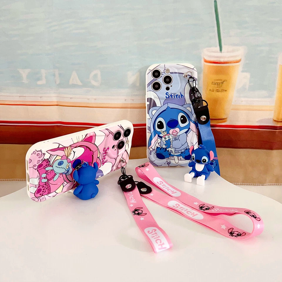 For iPhone Samsung Huawei Cute Cream Stitch Case Phone Cover Doll Stand 2 Straps - Image 3 of 4