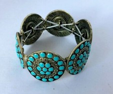 Boho Bohemian Inspired Turquoise Gold Tone Metal Stretch Bracelet Bangle