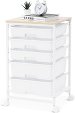 5-Drawer Utility Cart on Wheels with Wooden Top Lockable Wheels, White