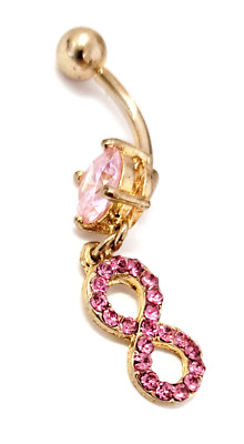 Belly Ring Infinity Sign Gold IP w/Pink Gems Dangle Naval 
