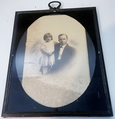 Very Odd Photograph from 1911 Child Pulling Tie of Papa -Metal Frame under Glass
