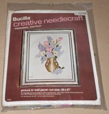 1976 Bucilla "Perennial Pastels" Flowers in Vase Linen Crewel Kit 18x23"