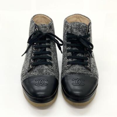 シャネルシューズ CHANEL G30362 Wool Leather Coco Mark High Top Sneakers Black