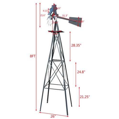 8FT Weather Resistant Yard Garden Metal Windmill Ornamental Wind Mill Gray & Red - Picture 2 of 20