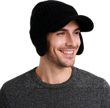 Marrywindix Men Winter Beanie Hat with Brim and Ear Flaps One Size, Black 