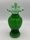 Vintage Fenton Ivy Overlay Jack In Pulpit Vase Dark Green White Ruffled Rim