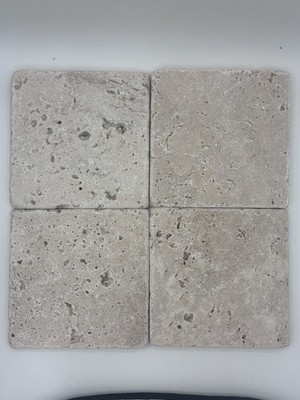 Tumbled Travertine Natural Stone Tile - Tan White 4x4  Tiles (Sold 1 Sq Foot)