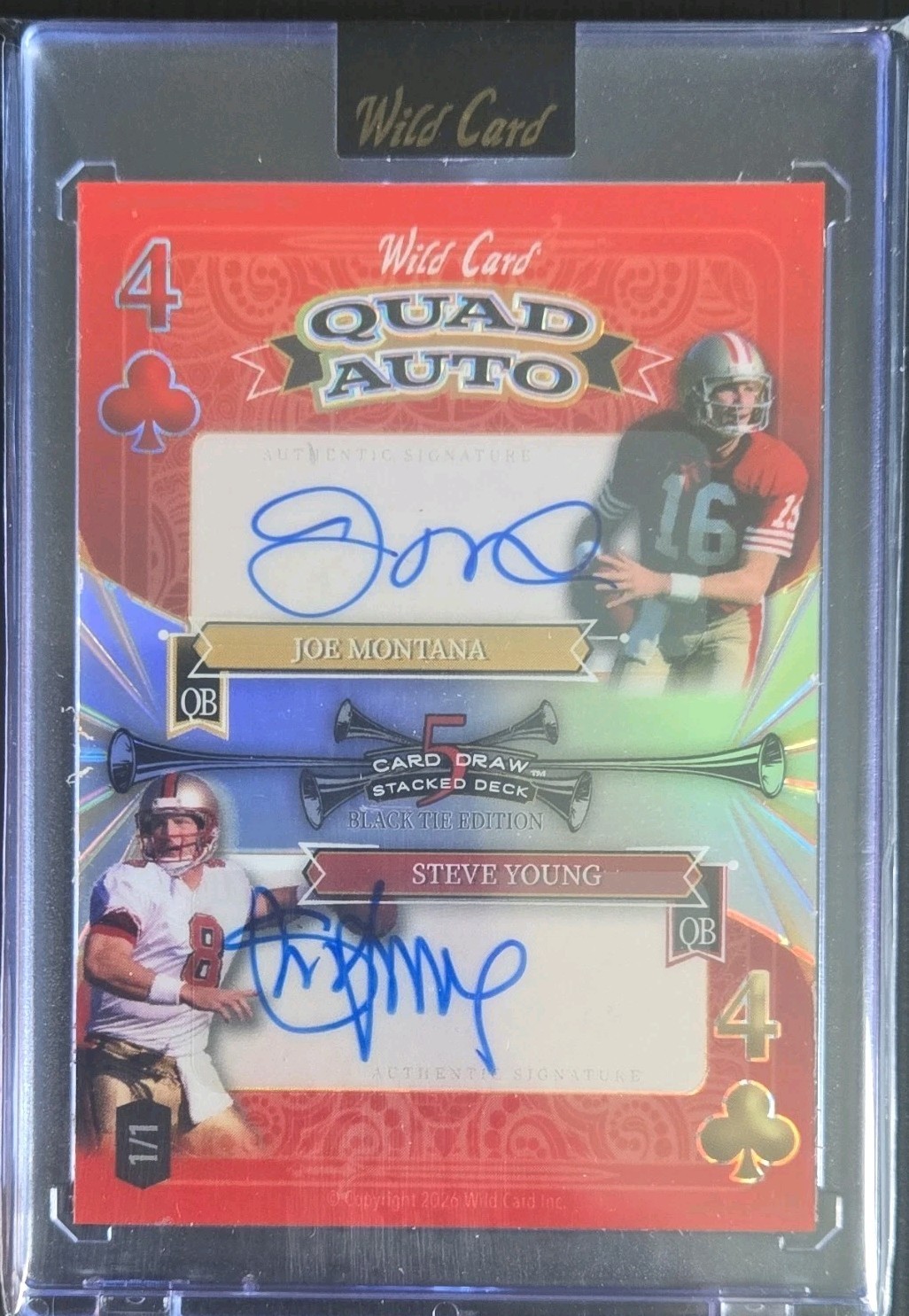 TRUE 1/1 QUAD AUTO PURDY, Montana, Young, McCaffrey Black tie wildcard. view 3