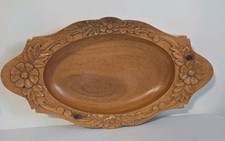 Vintage Beautifully Hand Carved Wooden Large Bowl With Decorative Flowers Rustic
