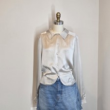 Blugirl Blumarine 100 Silk Button Front Blouse Size M IT 44 Gray Beige Italy