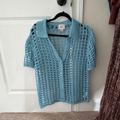 BDG Blue Crochet Collared Button-Up Short Sleeve Women's Blouse Size M