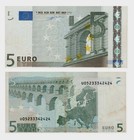 France 2002 5 Euro note, VF+, #ED1047, shows bridge over river with ornate stone arch and visible European map.