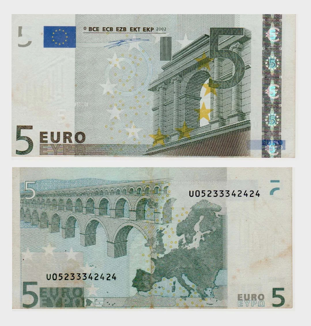 France 2002 5 Euro note, VF+, #ED1047, shows bridge over river with ornate stone arch and visible European map.