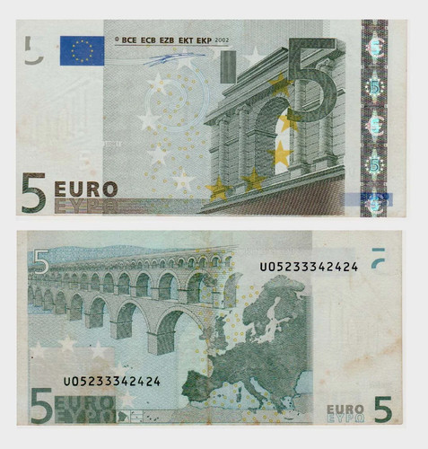 France 2002 5 Euro note, VF+, #ED1047, shows bridge over river with ornate stone arch and visible European map.