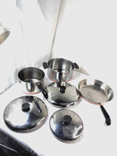 Vtg Revere Ware Copper Bottom Cookware Pans Stock Pot Fry Skillet Lids 6 Pc Set