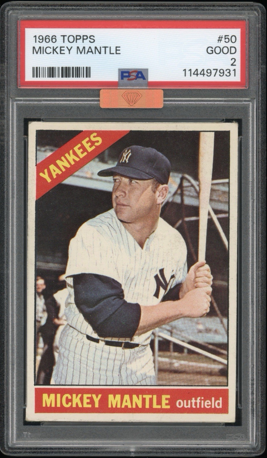 1966 Topps #50 Mickey Mantle PSA 2 GOOD MBA Bronze Eye Appeal CENTERED Yankees view 1