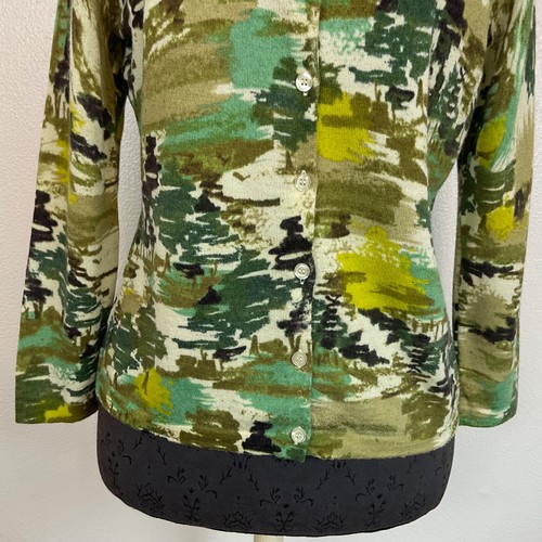 NWOT Garnet Hill 100% Merino Wool Button Cardigan Green Forrest Abstract Light M - Picture 3 of 15