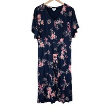 J. Jill Navy Floral Printed V-Neck Short Sleeve Midi Dress Size Medium