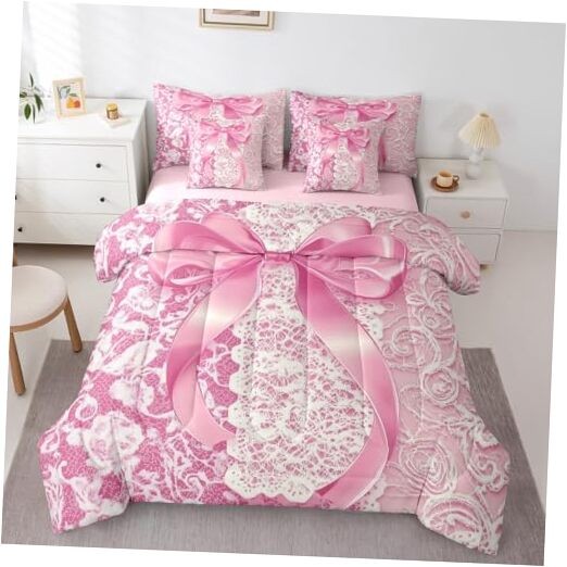 Bow Comforter Set Lace Print Bowknot Girl Bedding Sets Kids Full