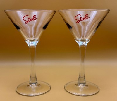 Set of 2 Vintage Stoli Stolichnaya Vodka Red Logo Stemmed Martini Glasses
