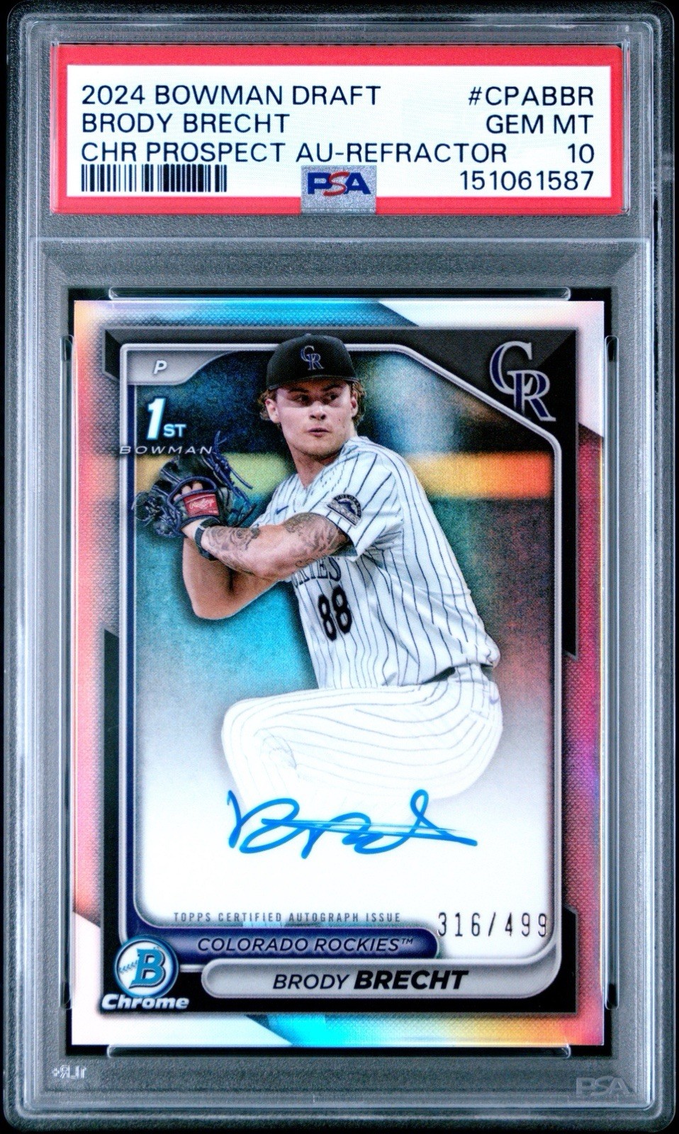 2024 Bowman Chrome Draft Prospect Brody Brecht 1st Auto Refractor /499 PSA 10