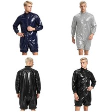 Men Leotard One Piece Short Jumpsuit Ruffled Bodysuit Front Zip Waterproof Swim
