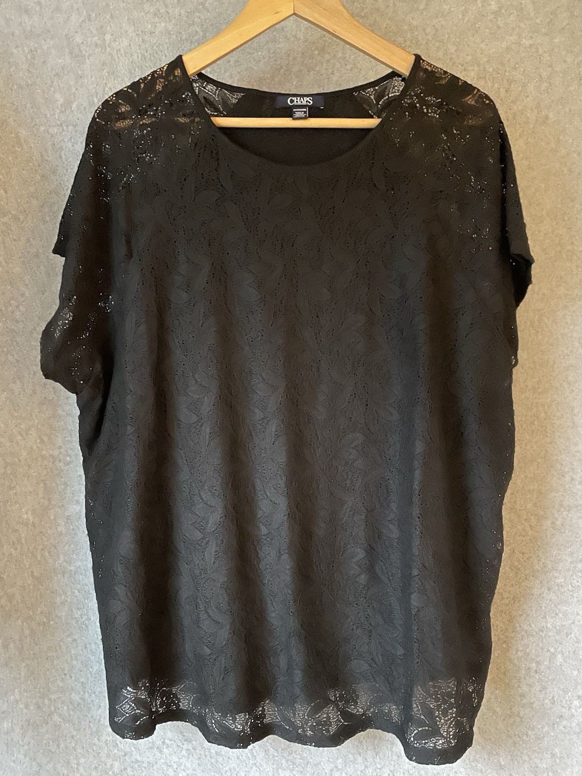 Chaps Women’s Lace Top Sz 2X Black Classic Pullover Elegant Stretch Short Sleeve
