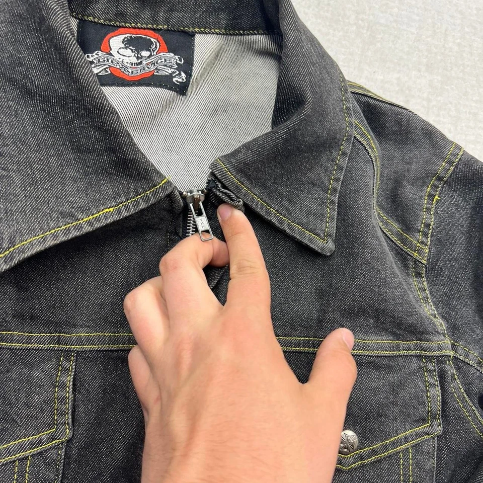 VINTAGE 90s LIP SERVICE BLACK GREEN ACCENT DENIM JACKET GOTH EMO STYLE  - Image 4 of 4