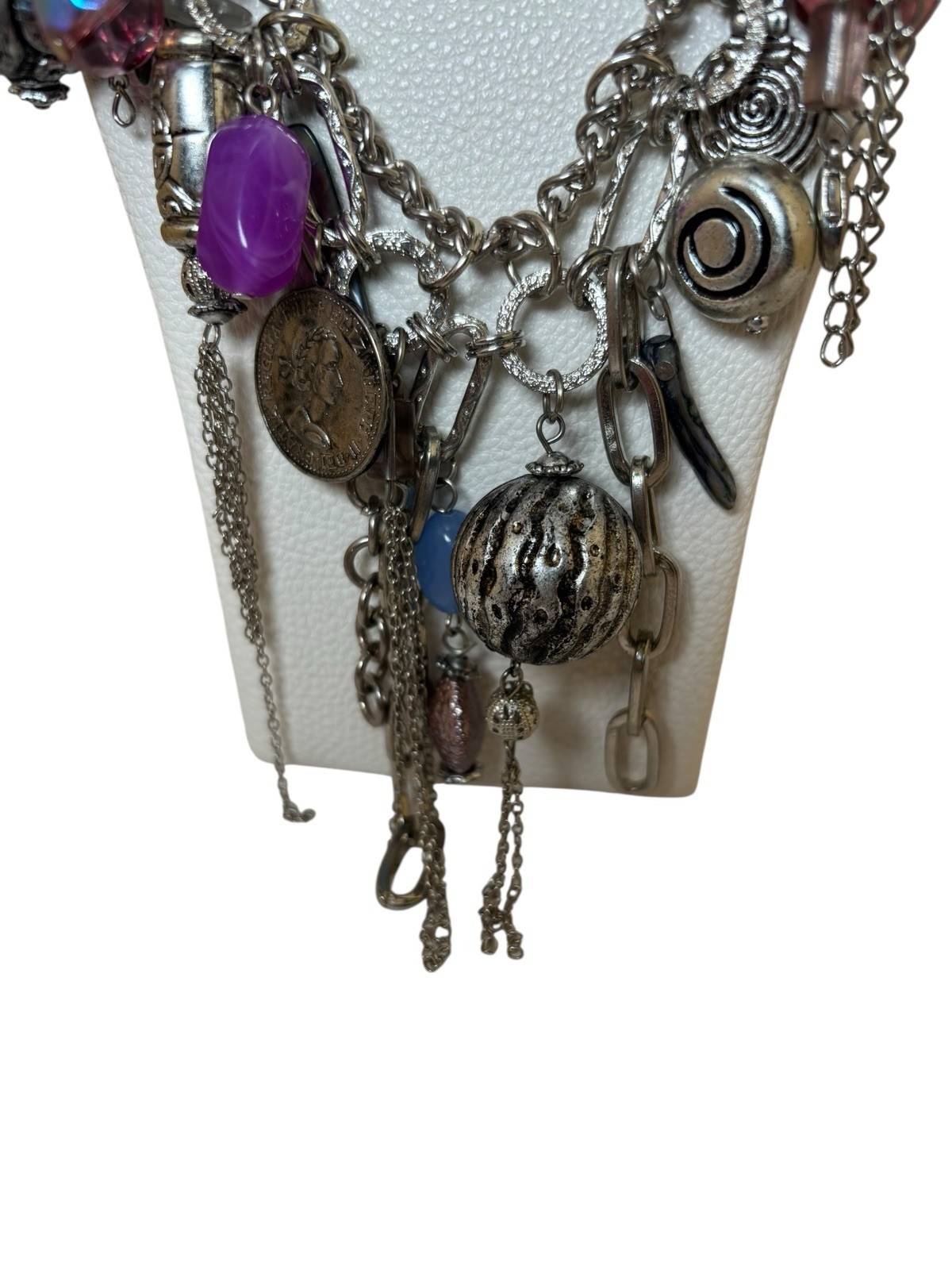 Statement Charm Necklace Silver Tone Multi Bead C… - image 3