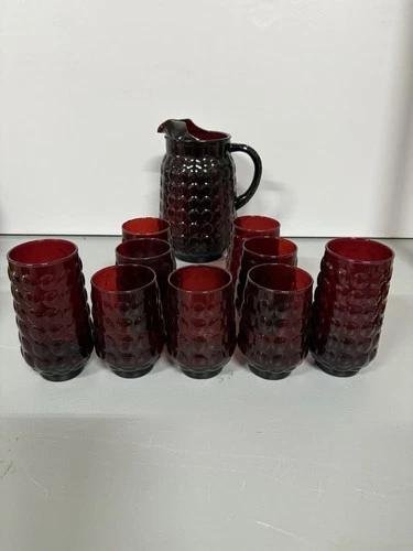 VTG Anchor Hocking Red Bubble Glass Hobnail Pitcher And 9 Glasses