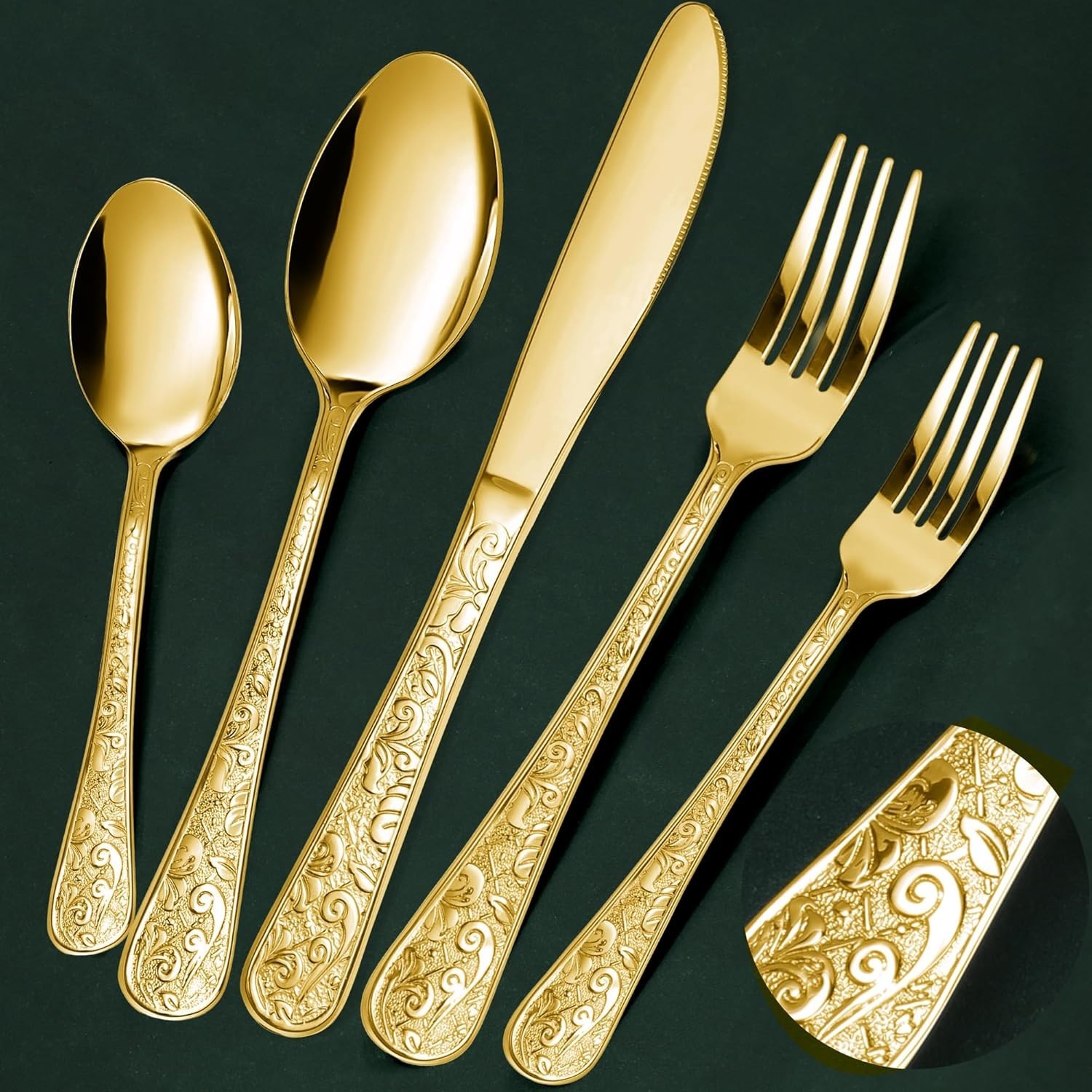 40-Piece Vintage Carved Gold Silverware Set for 8, Stainless Steel Flatware S...