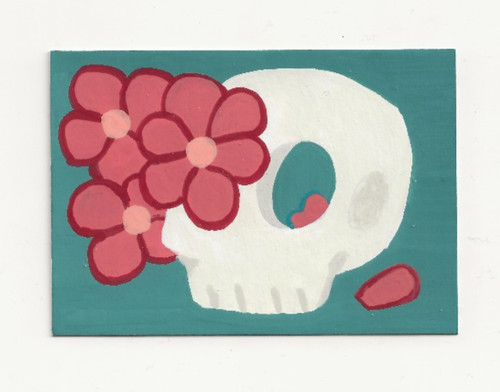 "New Growth " By The Unique Lee ACEO Acrylic Marker Flower Skull Teal Green
