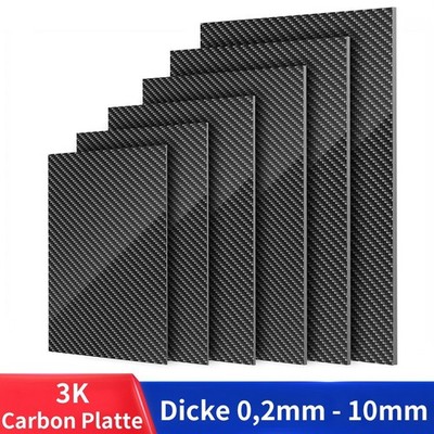 Carbon Platte Dicke 0,2mm - 10mm Hochglanz CFK Kohlefaser Plate 3K Größe Wählbar