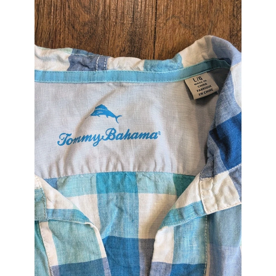 Túnica Tommy Bahama 100 % lino mujer talla L manga 3/4 cuadros playa costera *defecto* Foto 2 de 4