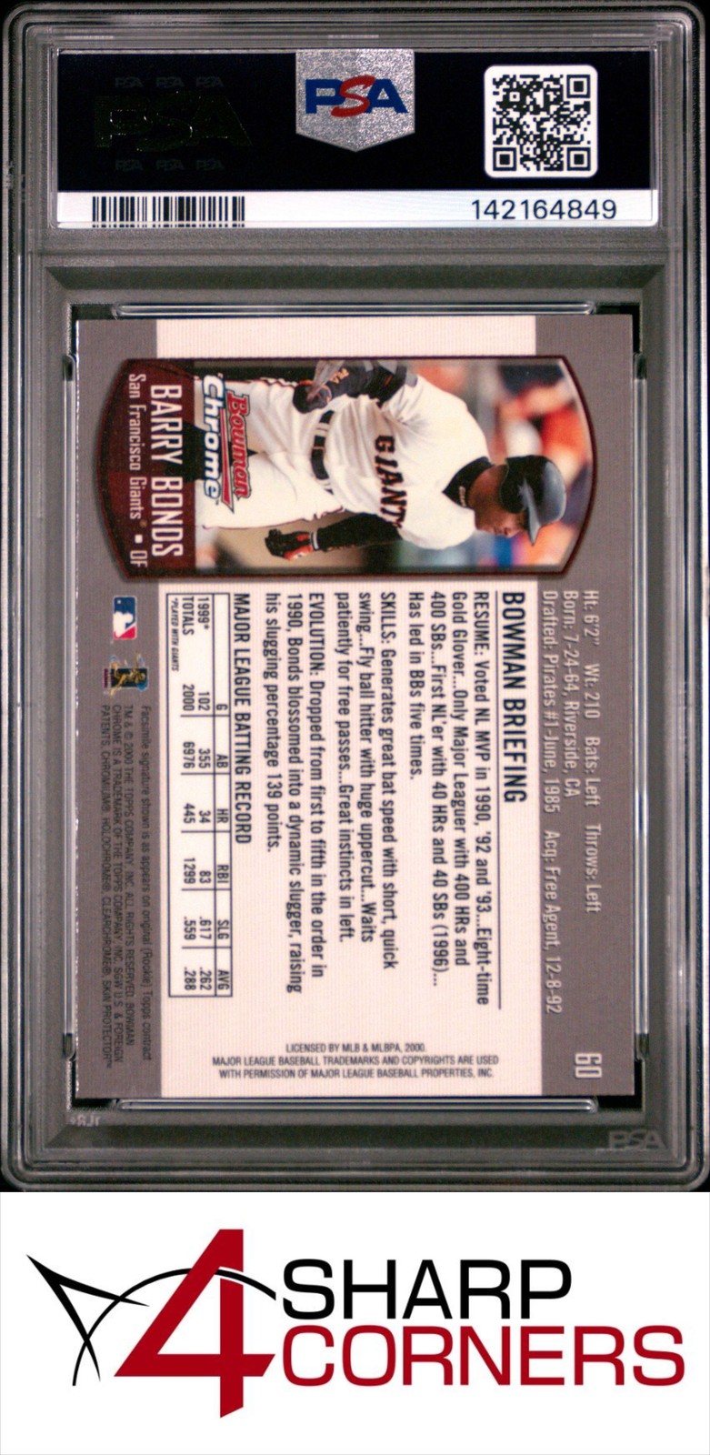 2000 BOWMAN CHROME #60 BARRY BONDS GIANTS PSA 10 view 2