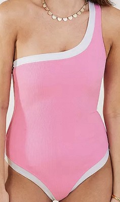 BNWT ACCESSORIZE ONE-SHOULDER ASYMMETRICAL PINK TEXTURED SWIMSUIT SIZE 20 £40