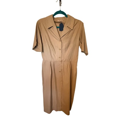 Vintage Kerrybrooke Sears Roebuck Tan Shirtwaist Dress Button Front Mid Century