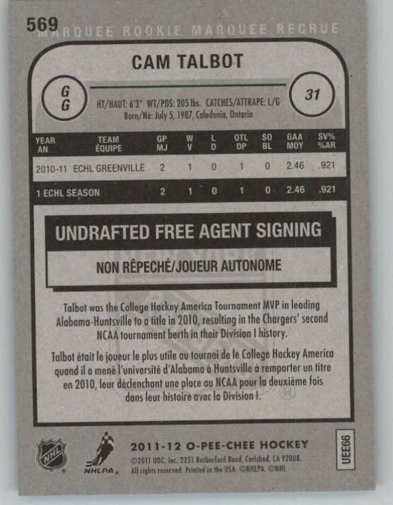 2011-12 O-Pee-Chee #569 Cam Talbot RC (ref 162742) - Image 2 of 2