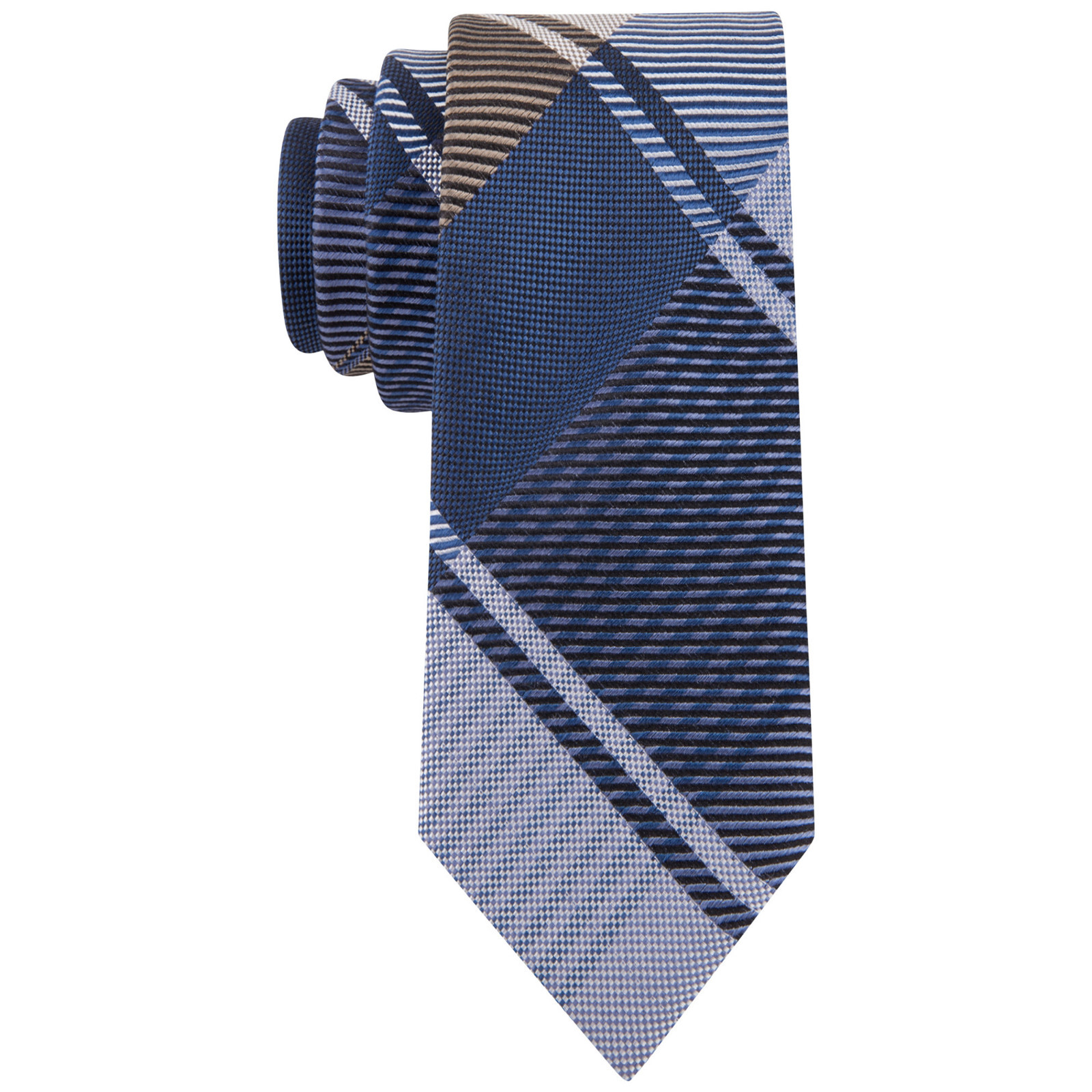 KENNETH COLE REACTION Blue Brown Cord Plaid Silk Slim Tie