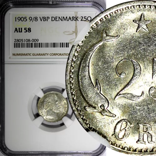 Denmark Christian IX Silver 1905 9/8  VBP 25 Ore NGC AU58 OVERDATE KM# 796.2 (9)