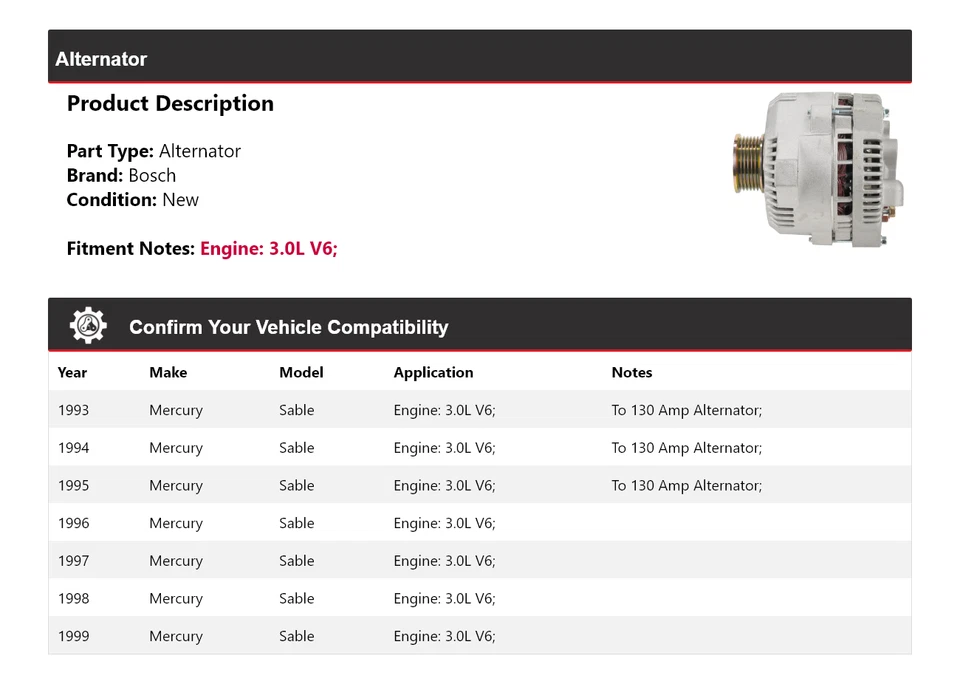 Alternador Bosch Mercury Sable 3,0 L V6 1993-1999 (nuevo) 1994 1995 1996 1997 Foto 2 de 4