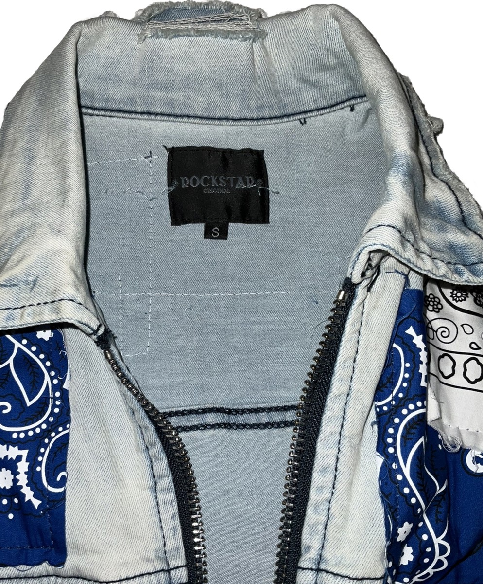 ROCKSTAR ORIGINAL Men's Blue Breezy Bandana Patchwork Distressed